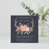 FUN BOHO NAVY BLUSH ANTLER FLORAL COUNTRY WEDDING KAART (Staand voorkant)
