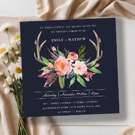FUN BOHO NAVY BLUSH ANTLER FLORAL COUNTRY WEDDING KAART