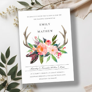 FUN BOHO WHITE BLUSH ANTLER FLORAL COUNTRY WEDDING KAART