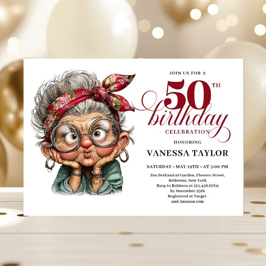Fun bold 50th birthday woman whimsical invitation kaart