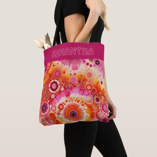 Fun Bold Orange Hot Pink Batik Circles Art Pattern Tote Bag (Dichtbij)