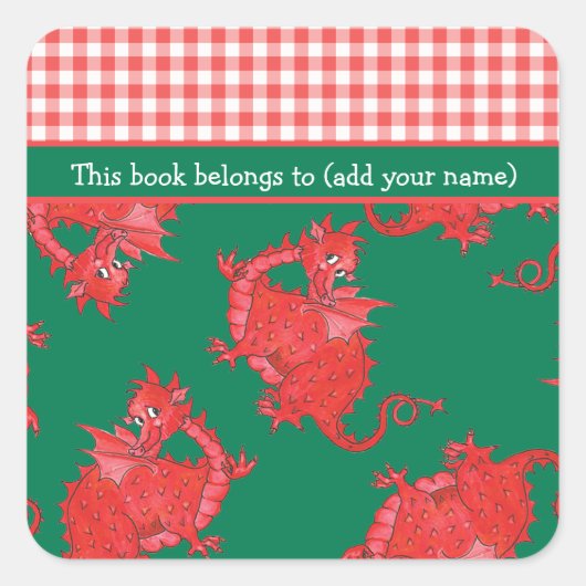 Fun Bookplaten aan Personaliseren: Cute Red Dragon Vierkante Sticker (Voorkant)