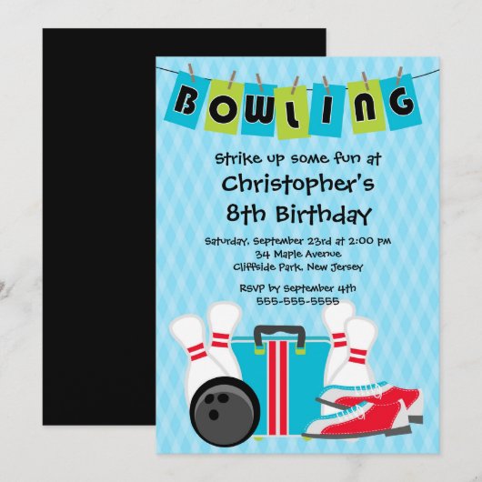 Fun Bowling Boys Birthday Party Kaart (Voorkant / Achterkant)