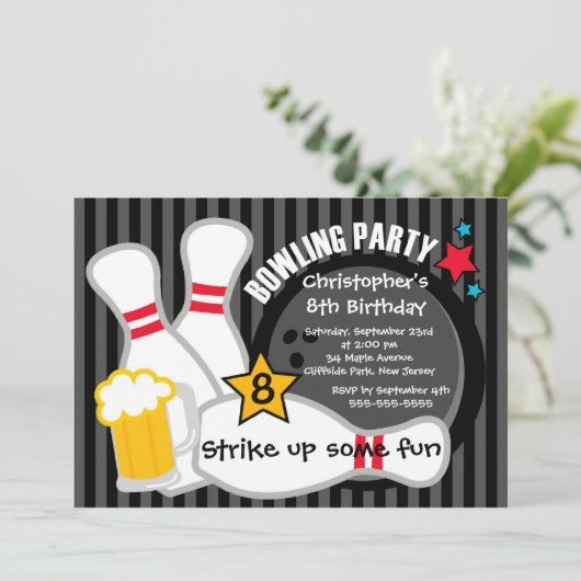 Fun Bowling Boys Birthday Party-uitnodigingen Kaart (Staand voorkant)