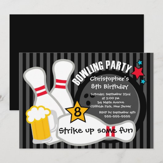 Fun Bowling Boys Birthday Party-uitnodigingen Kaart (Voorkant / Achterkant)
