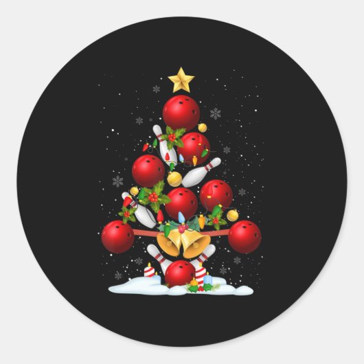 Fun Bowling-kerstboom verlicht kerstcadeautjes voo Ronde Sticker (Voorkant)