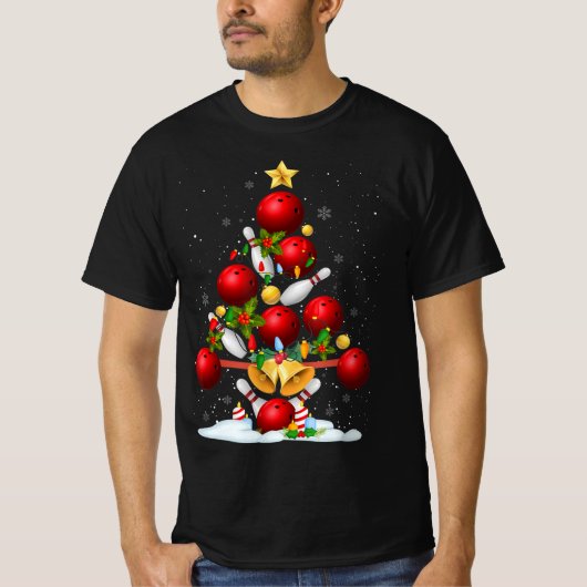 Fun Bowling-kerstboom verlicht kerstcadeautjes voo T-shirt (Voorkant)