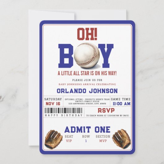 Fun Boy Baseball Baby Shower | Custom Sports Party Kaart (Voorkant)