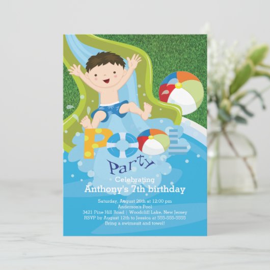 Fun Boy Pool Birthday Party Invitation Kaart (Staand voorkant)