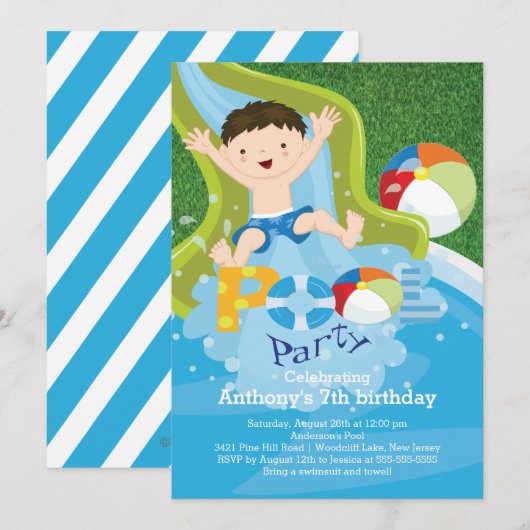 Fun Boy Pool Birthday Party Invitation Kaart (Voorkant / Achterkant)