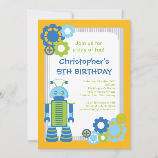 Fun Boy Robot Birthday Party Invitation Kaart (Voorkant)