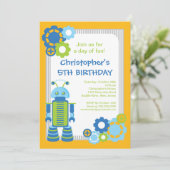 Fun Boy Robot Birthday Party Invitation Kaart (Staand voorkant)