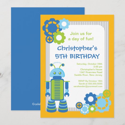 Fun Boy Robot Birthday Party Invitation Kaart (Voorkant / Achterkant)