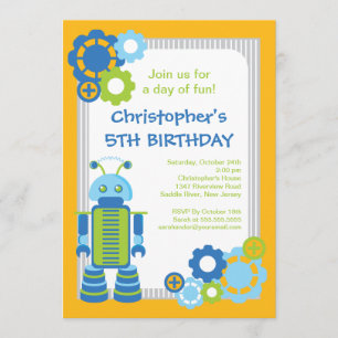 Fun Boy Robot Birthday Party Invitation Kaart