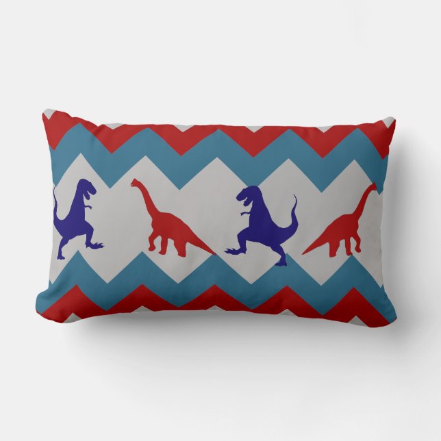 Fun Boys Dinosaurs Red Blue Chevron Pattern Kussen (Voorkant)