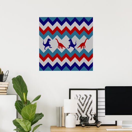 Fun Boys Dinosaurs Red Blue Chevron Pattern Poster (Thuiskantoor)