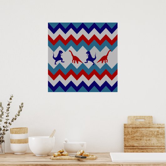 Fun Boys Dinosaurs Red Blue Chevron Pattern Poster (Keuken)