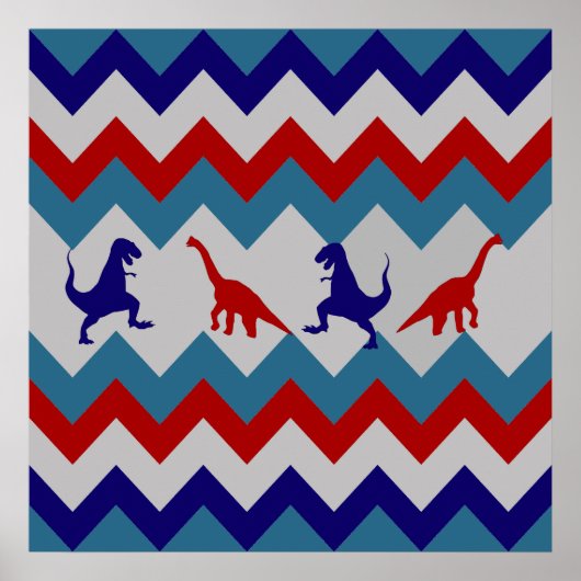 Fun Boys Dinosaurs Red Blue Chevron Pattern Poster (Voorkant)