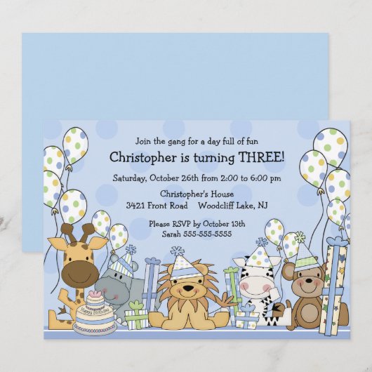 Fun Boys Safari Animals Birthday Kaart (Voorkant / Achterkant)