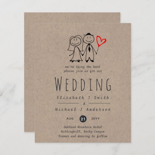 Fun Bride Groom Rustic Wedding Invite Handgetekend (Voorkant / Achterkant)