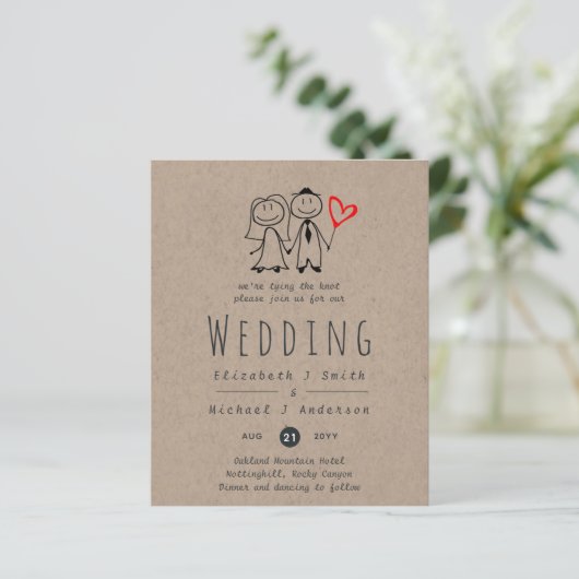 Fun Bride Groom Rustic Wedding Invite Handgetekend (Staand voorkant)