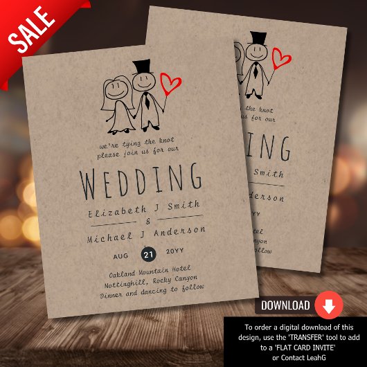 Fun Bride Groom Rustic Wedding Invite Handgetekend