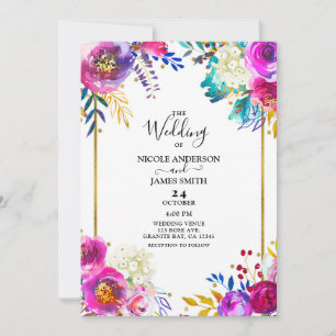 Fun Bright Bold Color Waterverf Floral Wedding Kaart