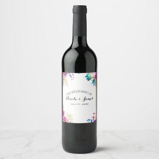 Fun Bright Bold Waterverf Floral Wedding Wine Wijn Etiket (Voorkant)