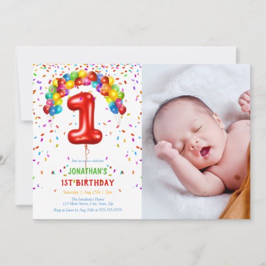 Fun Bright Confetti Balloons Foto 1e verjaardag Kaart (Voorkant)