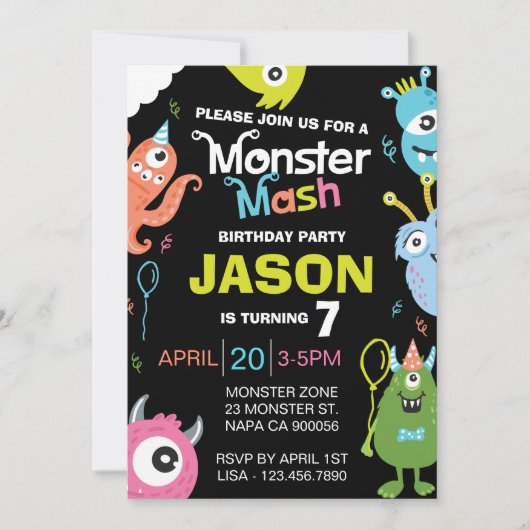 Fun Bright Monster Mash Birthday Party Invitation Kaart (Voorkant)