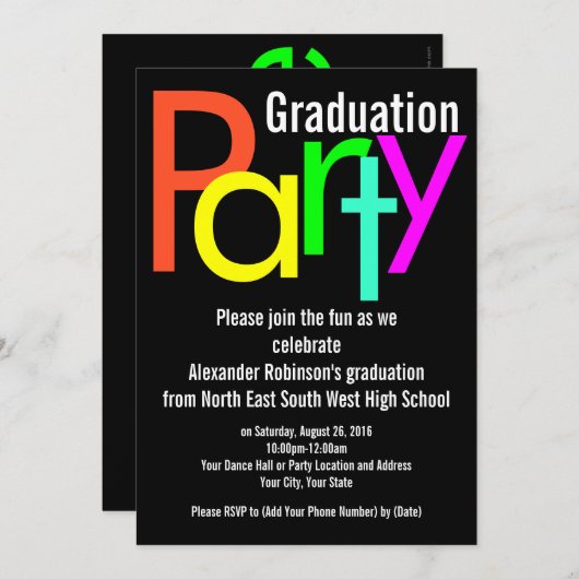 Fun Brights Graduation Party Invitation Kaart (Voorkant / Achterkant)