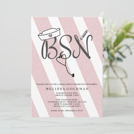 FUN BSN afstuderen nodigt zwarte roze glitter uit Kaart (Staand voorkant)