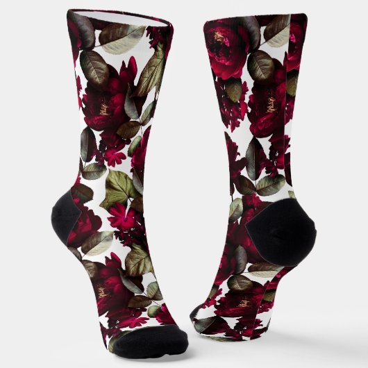 Fun Burgundy Wine White Floral Pattern Sokken (Gebogen)