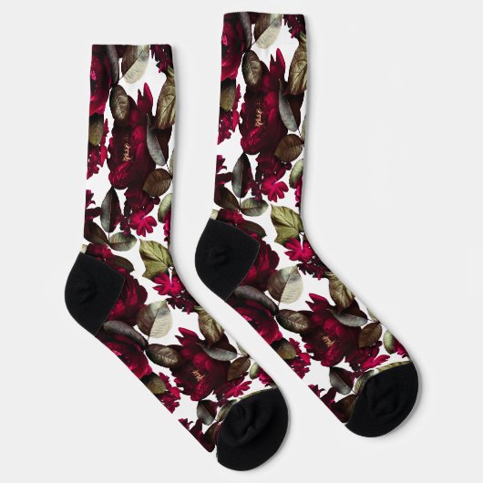 Fun Burgundy Wine White Floral Pattern Sokken (Rechts)