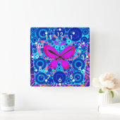 Fun Butterfly Concentric Cirsaic Blue Pink Vierkante Klok (Huis)