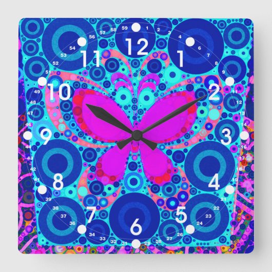 Fun Butterfly Concentric Cirsaic Blue Pink Vierkante Klok (Voorkant)