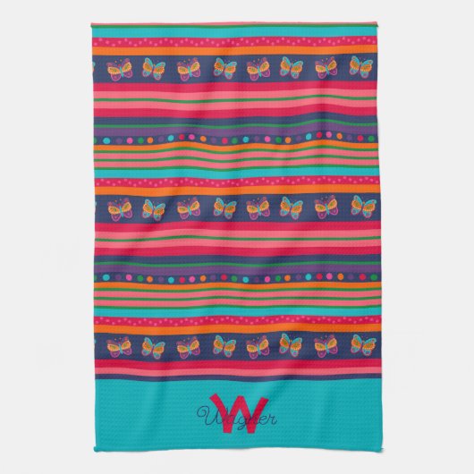 Fun Butterfly Stripe Stijlvolle Initiaal Achternaa Theedoek (Verticaal)