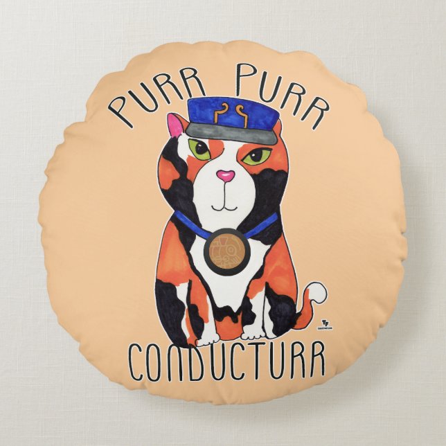Fun Calico Cat Train Conductor Spint slogan Rond Kussen (Voorkant)