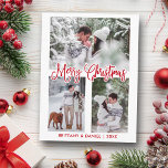 Fun Calligrafie 3 Foto-paar-kerstrood Briefkaart<br><div class="desc">Modern Fun Calligraphy Script Merry Kerstmis Couple Photo Briefkaart - 3 Foto's - Red Script</div>