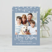 Fun Calligrafie kerstlampjes Foto blauw Feestdagenkaart (Staand voorkant)