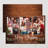 Fun Calligrafie Kerstmis Holly Rustic Wood Foto Feestdagenkaart (Voorkant / Achterkant)