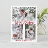 Fun Calligrafie Red 3 Fotopaar kerstmis Feestdagenkaart (Staand voorkant)