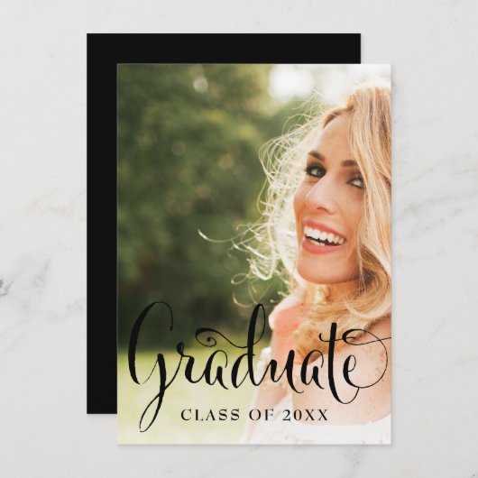 Fun Calligraphy Black en White Photo Afstuderen Kaart (Voorkant / Achterkant)