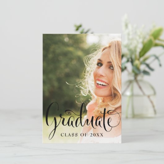 Fun Calligraphy Black en White Photo Afstuderen Kaart (Staand voorkant)