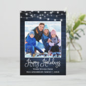 Fun Calligraphy Blue Wood Lights Foto Feestdagenkaart (Staand voorkant)