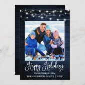 Fun Calligraphy Blue Wood Lights Foto Feestdagenkaart (Voorkant / Achterkant)