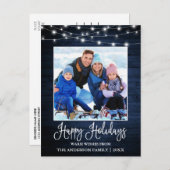 Fun Calligraphy Blue Wood Lights Foto Holiday Briefkaart (Voorkant / Achterkant)