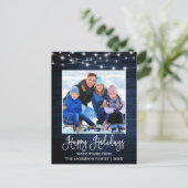 Fun Calligraphy Blue Wood Lights Foto Holiday Briefkaart (Staand voorkant)