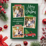 Fun Calligraphy Craft Tape Truck Green Briefkaart<br><div class="desc">Modern Fun Calligraphy Script Merry Kerstmis 3 Photo Collage with Craft Tape Holiday Briefkaart. Forest Green Background Waterverf  Red Truck met kerstboom.</div>