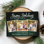 Fun Calligraphy Green Wood 3 Photo Holiday Briefkaart<br><div class="desc">Modern Fun Calligraphy Script Prettige feestdagen Family 3 Photo Briefkaart - Rustisch Land Green Wood</div>